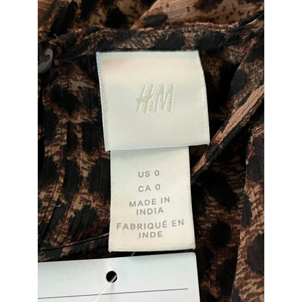 H&M Womens Brown Animal Print Long Sleeve Chiffon Dress Ruffled Size 0‎ NWT